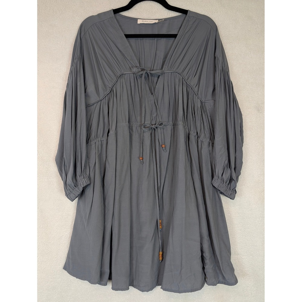 Mustard Seed Slate Blue Gray Boho Mini Dress Long Balloon Sleeve Wood Bead Med